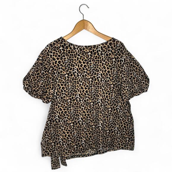 PerCeption Women's Puff Sleeve Top Blouse 2X Black Brown Chetah Animal Print - Picture 2 of 8